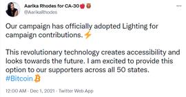SCH:美国民主党人Aarika Rhodes宣布通过闪电网络接受竞选的比特币捐款_etschain