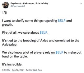 NFI:Axie Infinity COO：目前AXS成本相对于SLP每个品种的成本并不平衡，未来会调整_Infinity Box