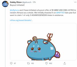 ALM:YGG创始人与Sillytuna报价190万美元回收稀有Axie Almace_BRACE价格