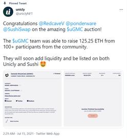 SWAP:Unicly联合SushiSwap推出的首个NFT碎片化拍卖已结束，uGMC共筹集125.25枚ETH_CATE价格