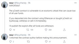 SBTC:推特用户称Andre Cronje新推出的实验性项目yCredit存在安全漏洞_ING
