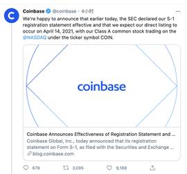 COI:美国第一股！Coinbase确定将于4月14日在纳斯达克上市_COIN