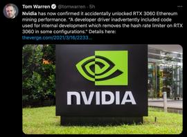 以太坊:英伟达意外解锁了RTX 3060以太坊挖矿限制器，重大失误？_以太坊最新价格行情美元