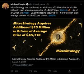 比特币:持续买入！MicroStrategy再度买入价值1500万美元的比特币_MIC
