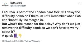 TAL:以太坊客户端Nethermind：难度炸弹和EIP-3554是针对试图分叉链的攻击者的防御措施_ethereal最美翻译