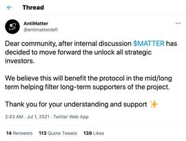 TTE:衍生品协议Antimatter提前解锁所有投资者代币份额，MATTER价格较年内高点下跌96%_ATT