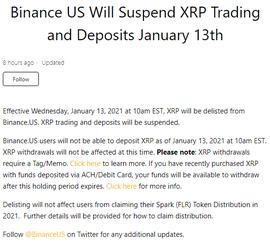INC:Binance US将于2021年1月13日停止为瑞波币提供服务_PPL