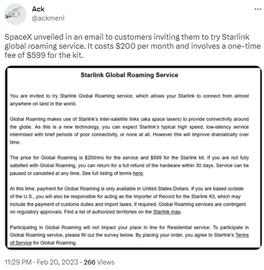 CEX:SpaceX将推出星链全球漫游服务试用 一年收费高达3000美元_ACE